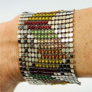 Vintage Silver Metal Mesh Bracelet, Colorful Rhinestone Crystal Design STUNNING